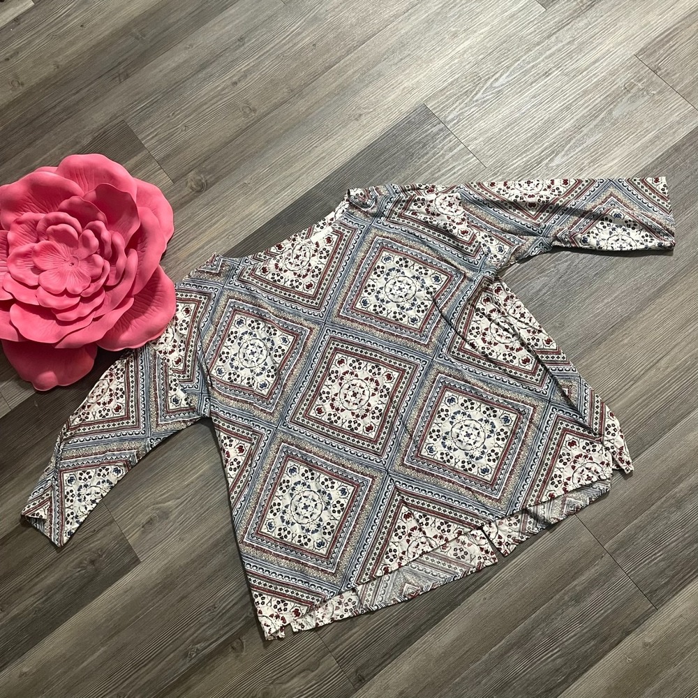 J. JILL Womens Sz Large Geometric Floral Button Up Back Blouse Bohemian‎